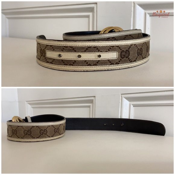 Authentic Gucci Cream Monogram Canvas Leather Interlocking G Buckle Belt 80/32 - Picture 11 of 13